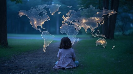 A young child sits quietly in a dimly lit forest observing a glowing holographic world map projection