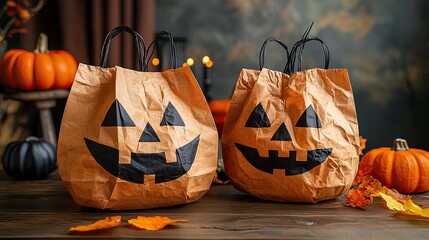 Two paper bags with scary jack o lantern faces on a wooden table surrounded by pumpkins and autumn leaves for halloween with spooky and festive and seasonal and fall with trick