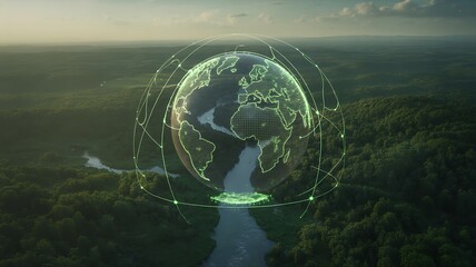 An aerial view reveals a glowing wireframe globe with world map over a green river valley