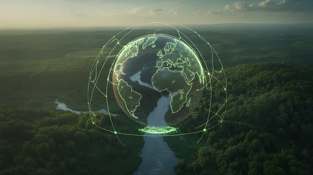 An aerial view reveals a glowing wireframe globe with world map over a green river valley - Powered by Adobe