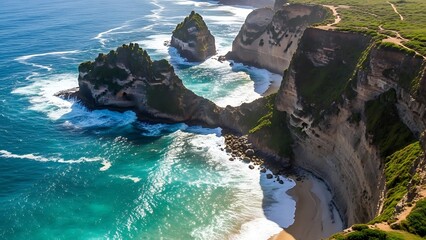 Aerial view of stunning ocean cliffs with waves crashing on sandy beach