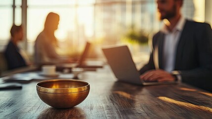 Peaceful meditation with tibetan singing bowl on wooden desk in modern office with blurred coworkers in background at sunset with mindfulness and zen and calm with serenity