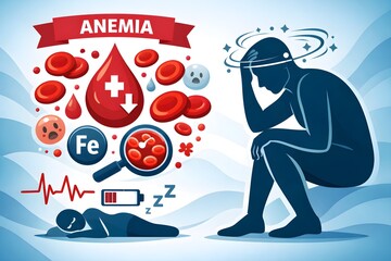 Fatigue and Dizziness from Anemia Human Silhouette with Blood Cell Icons 