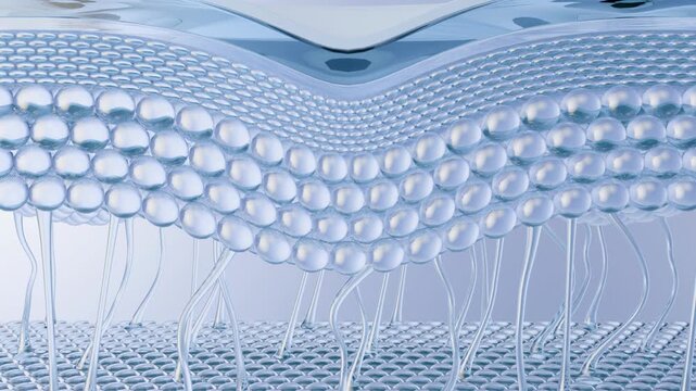 3D animation of hydrated skin layers with fluid textures, visualizing moisture balance and collagen support for luxury skincare advertising and beauty technology concepts.