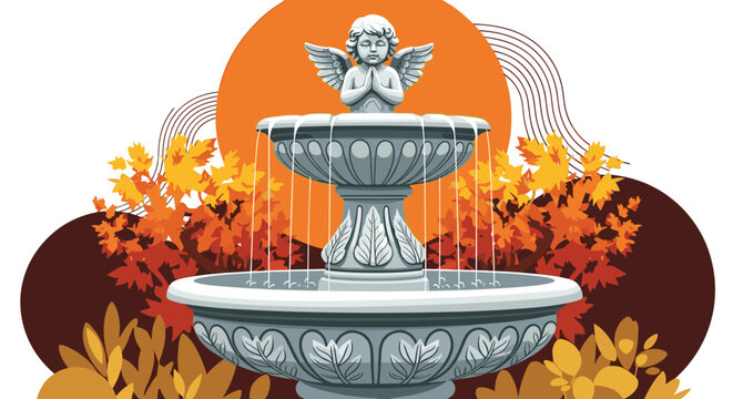 Serene stone fountain with a praying cherub statue, surrounded by vibrant autumn leaves and abstract shapes.