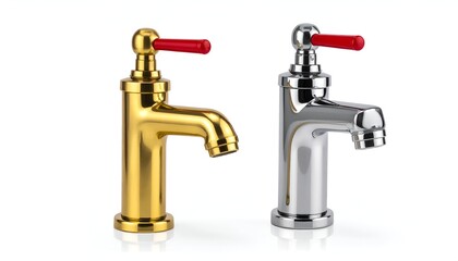Two bathroom faucets, one gold, one silver, each with red handle, white background