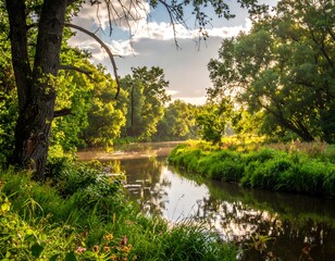 Serene river landscape with lush green trees, sunshine, and clouds