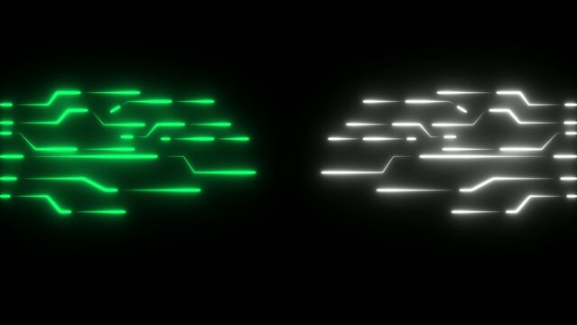 Green and Generate title without using the word "Title:" before it. white neon circuit board lines glowing in dark background with parallel