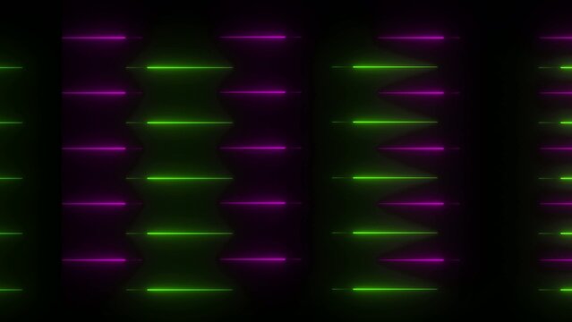 Green and purple neon streaks of light forming dynamic digital motion pattern on dark Generate title without using the word "Title:" before it. background
