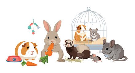 Naklejka premium A charming illustration showcasing a variety of common pet animals, including a rabbit, guinea pigs, a ferret, mouse, hamster, and chinchilla.