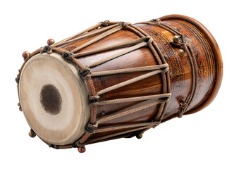 Wooden drum, laced with ropes, lies diagonally on white. No background