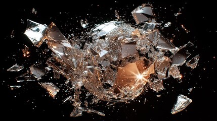 Shattered metallic sphere explosion on black background
