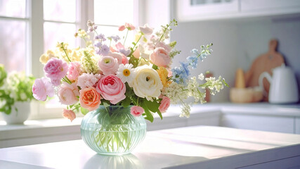 白いキッチンの上の春のお花のブーケ