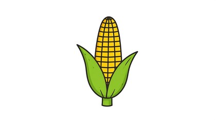 A cartoon depiction of a fresh ear of corn with green leaves