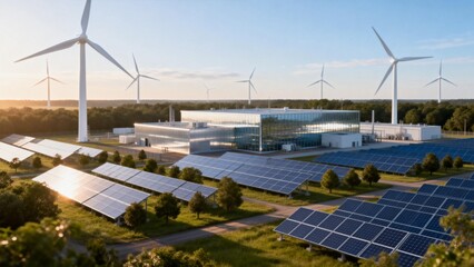 Obraz premium Renewable energy facility with solar panels and wind turbines