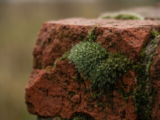 Macro of a Weathered Brick Wall with Patches of Green Moss