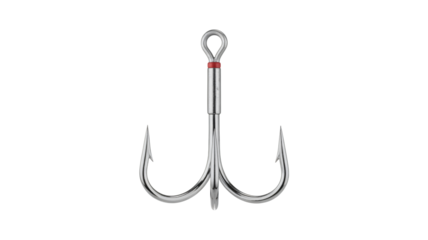 Large shiny fishing hook with red band on white background for angling