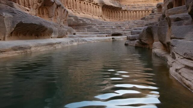 Ancient rock-cut reservoir with stepped banks reflecting water amidst towering sandstone canyon walls suggesting a historical Nabataean site.