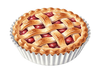 Watercolor illustration of a golden fruit pie with lattice crust, red filling, in a white fluted cup, on a white background, copy space, concept of sweet dessert