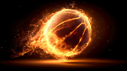 Basketball fire flame glowing heat sport ball motion speed energy glowing basketball engulfed flame spins darkness, radiating heat and motion with vivid light trails and dynamic sparks