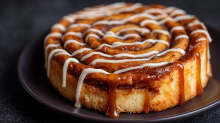A delicious cinnamon roll drizzled with icing, showcasing a spiral design on a dark plate, highlighting its golden-brown layers.