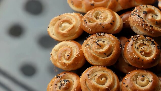 Stop motion 4K footage of rye organic bread bugles with sesame flax seeds buns appearing from the right side highlighting texture color artisanal bakery 
