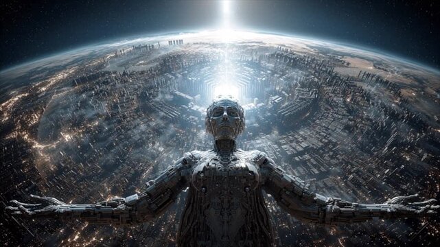 Futuristic world concept showing advanced civilization in the year 11000 with integrated technology