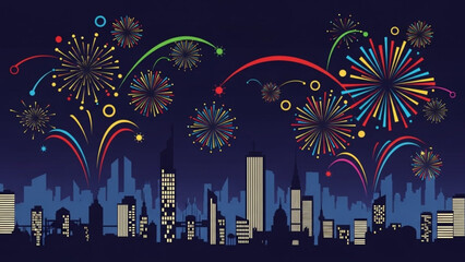 A vibrant city skyline at night with colorful fireworks exploding in the sky