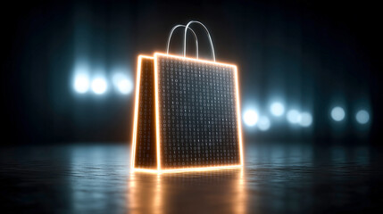 Glowing shopping bag icon binary code digital commerce neon light cyber retail futuristic style black background tech concept e commerce data stream pulses with modern energy and intrigue