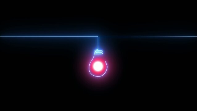Hanging light bulb glowing with red and blue neon outline on a dark Generate title without using the word "Title:" before it. background lightbulb