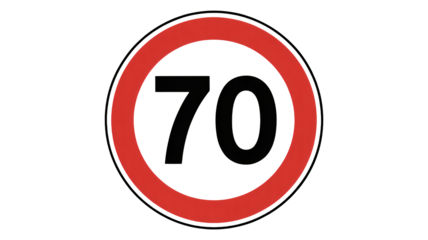 Red and white speed limit road sign displaying 70 on a plain white background