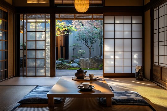 Traditional Japanese tea room with shoji screens, low table, tatami mats, floor cushions, and view of a tranquil garden at sunset
