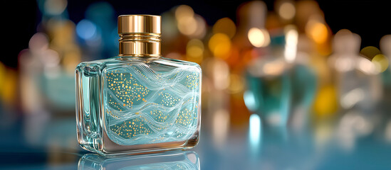 Perfume bottle glass golden cap geometric wave soft dot blue liquid bokeh light elegant luxury modern fragrance aroma cosmetic beauty skincare vanity reflection glossy transparent pattern