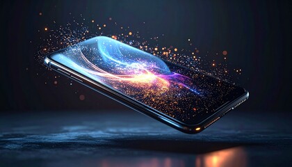 Flexible glass smartphone unfolding in mid-air, sleek metallic edges, digital particles, dark gradient background, premium futuristic design