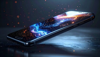 Flexible glass smartphone unfolding in mid-air, sleek metallic edges, digital particles, dark gradient background, premium futuristic design