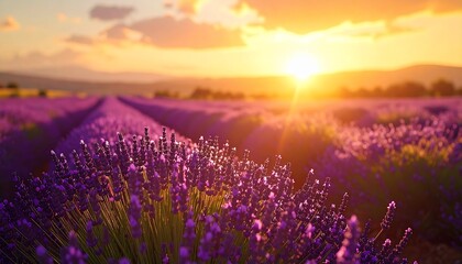 Endless lavender field under sunset sky, purple flowers in soft focus, warm golden light, cinematic yet realistic style, professional stock photo