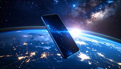 Advanced smartphone floating in space, Earth and stars in background, glowing edges, sci-fi realism, ultra-high resolution, cinematic view