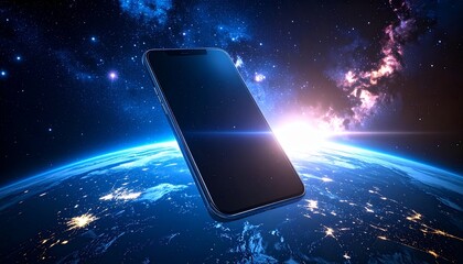 Advanced smartphone floating in space, Earth and stars in background, glowing edges, sci-fi realism, ultra-high resolution, cinematic view