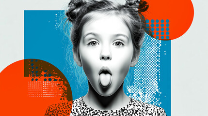 Playful girl tongue out halftone dotted circle polygon pop art monochrome portrait blue orange graphic overlay fun expression playful girl with tongue out framed by halftone dotted circle