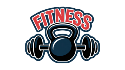 Fitness logo with kettlebell and dumbbells, gym and workout symbol, exercise and sports icon, healthy lifestyle concept