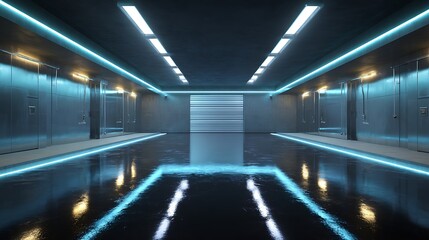 Futuristic Neon Lit Empty Room Interior.