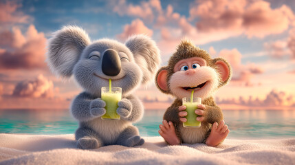 Cute koala happy monkey beach sunset sky tropical sand pastel cloud ocean water fruit juice green smoothie straw cartoon animal big head furry texture smiling face summer vibe tropical vibe