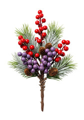 Festive Christmas sprig with red, dark purple berries, pine needles, snow, glitter, pine cones on branches, on white backdrop, sophisticated holiday charm