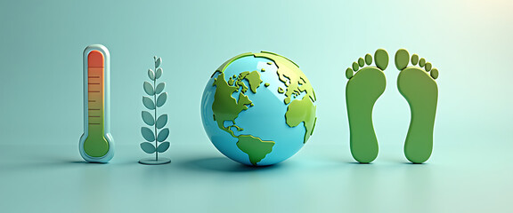 Climate change and carbon footprint concept with global warming thermometer, world, footprint, and leaf