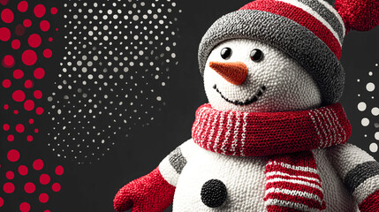 Cheerful snowman winter holiday decoration scarf hat knitted red white gray carrot nose smile festive cozy outdoor yard front snow season cold frost cheerful cute child family celebration merry
