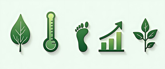 Eco friendly icons representing environmental conservation with leaf, thermometer, footprint, chart, and foliage