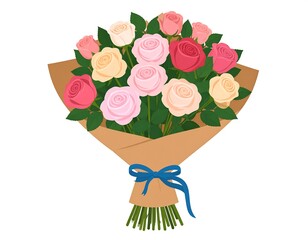 A bouquet of roses wrapped in brown paper tied with a blue ribbon