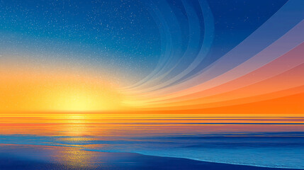 Sunrise ocean horizon gradient arc halftone sparkle sky water calm serene glow dreamlike