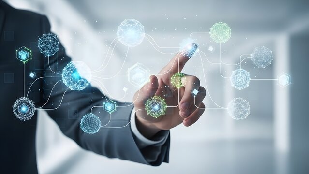 Businessman interacting with futuristic digital interface and global network. - Powered by Adobe