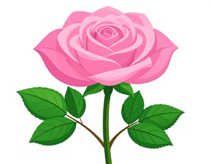 A digitally rendered pink rose with green leaves on a white background